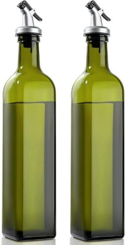 gmisun Olive Oil Dispenser Bottle for Kitchen, 2 Pack 17 Fl Oz Green Glass Oil Dispensers Bottles, Cooking Vegetable Oil Dispenser Container Cruet Set with Plastic Pourer Spout