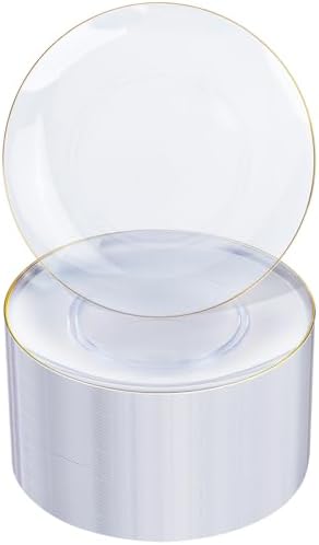 Nervure 100PCS Clear and Gold Rim Plastic Plates - 7.5″ Disposable Plates