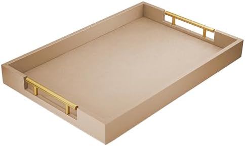 ATZYmolin 17"x12" Leather Serving Tray, Gold Handle Vanity Platter, Khaki