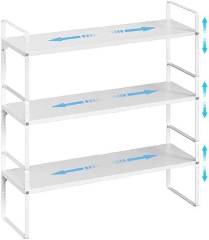 15.5 to 25.5 Inch Kitchen Cabinet Shelf Organizers, Adjustable Kitchen Counter Shelf Organizer, Set of 3 Expandable Countertop Storage Shelves, Stackable Design, 30LBS Heavy Duty, Space Saver