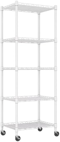 REGILLER 5-Wire Shelving Metal Storage Rack Adjustable Shelves,Standing Storage Shelf Units for Laundry Bathroom Kitchen Pantry Closet(White,11.8" D x 16.6" W x 53.5" H,With Wheels)