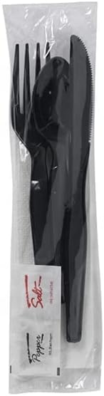 250 Plastic Cutlery Packets - Knife Fork Spoon Napkin Salt Pepper Sets | Black Plastic Silverware Sets Individually Wrapped Cutlery Kits, Bulk Utensil Cutlery Set Disposable To Go Silverware