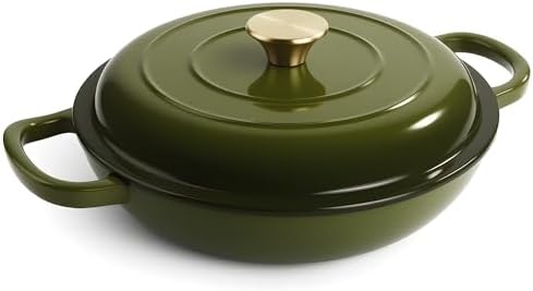 3 Quart Enameled Cast Iron Braiser, Non Stick Enameled Cast Iron Skillet with Lid, Dutch Oven Skillet with lid up to 500°F for Oven, Stove, Grill, Shallow Dutch Oven for Cook, Bake (Golden Green)