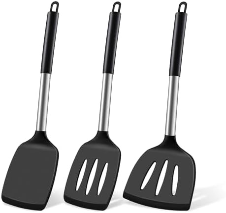 Silicone Spatula Set, Heat Resistant Fish Spatula, Solid & Slotted Turner for Non-Stick Pans, Silicone Cooking Utensils, BPA-Free, Flexible Kitchen Spatula for Flipping Eggs, Burgers, Black, 3 PCS-B