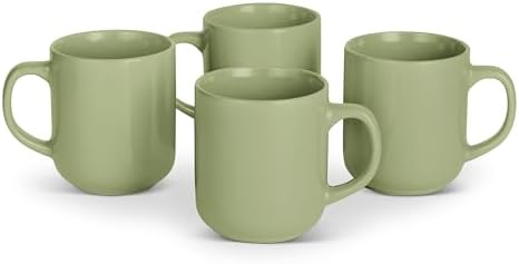 Amazon Basics Glazed Stoneware Coffee and Tea Mugs, Ceramic 4-Piece Set, 16 oz, Microwave, Freezer and Dishwasher-Safe, Stain-Resistant, Olive