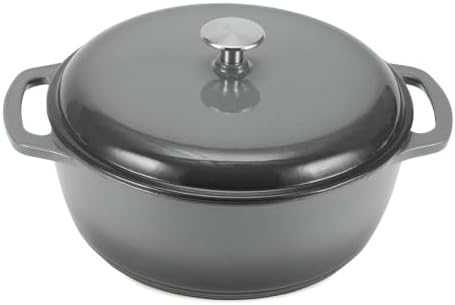 Amazon Basics Enameled Cast Iron Dutch Oven Pot with Lid, Round, Dual Handles, Heavy-Duty, Oven Safe for Stews, Roasting, Baking, 7.3-Quart, Gray
