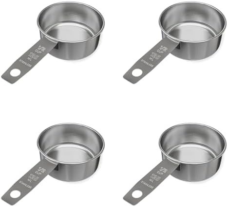 1/2 Cup Stainless Steel Measuring Cup | Sturdy Metal 125 ml | 125 cc | 4 oz | Single Cup for Wet and Dry Ingredients | Great for use as 1/2 Cup Dog Food Scoop - 4 PK