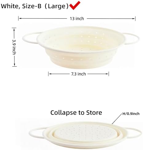Collapsible Silicone Colander with Handles, Round Strainer with Stainless Steel Rim, Space Saving Kitchen Tool for Fruits & Vegetables,BPA-Free,Heat-Resistant Pasta Drainer(White, L)