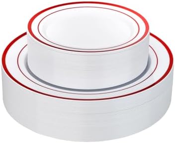 Goodluck 120 Pack Red Rim Plastic Plates - 60 Dinner Plates (10.25") & 60 Dessert Plates (7.5") - Heavy Duty Disposable White Plates with Elegant Red Trim - Premium Dinnerware Set for Wedding