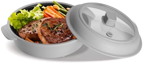 GLOU-GLOU GOOSE GGG Microwave Grill Pan, Fry Griddle Crisper Pan with Lid for Grilling Browning and Crisping Foods Microwave Silicone Cookware for Meat Sandwich Vegetable Light Grey
