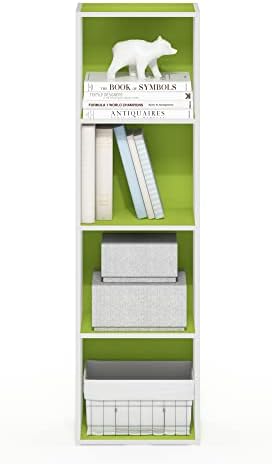 Furinno PASIR Book Shelf, 4-Tier Modern Bookshelf, Open Shelves Bookcase 9 x 12 x 42, Easy Assembly, for Living Room, Bedroom, Home Office, Green/White