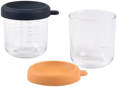 BEABA 2 Pack Glass Baby Food Jars with Soft Silicone Air Tight Lids, 8 oz Glass Storage Containers with Lids, Microwave and Freezer Safe Containers, Midnight