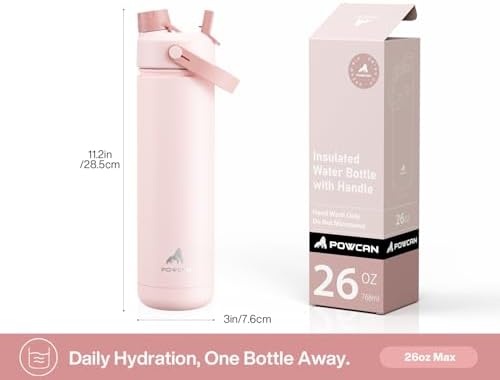 POWCAN 26 oz Insulated Water Bottle with 2-in-1 Straw and Spout Lid, Keep Cold 24H, Leak-Proof, Fits in Car Cup Holder, Stainless Steel Water Bottle for Sports, Travel, and School (Cotton Candy)