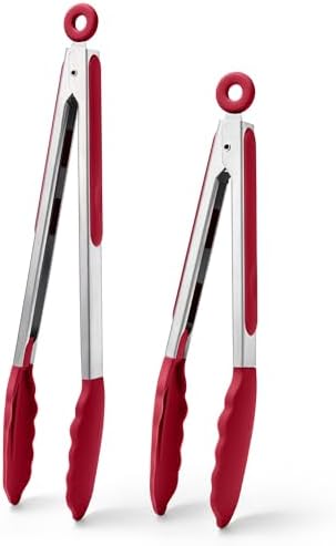 Doosu Kitchen Tongs with Silicone Tips for Cooking Serving (9+12in, Red)