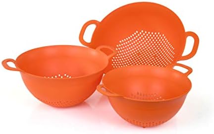 Mintra Home Plastic Strainer Colanders Set: 3, 3.5 and 5 Quart (Orange) Double Strong Handles and Deep Bowl, Safe BPA-Free - Use for Pasta, Noodles, Spaghetti, Vegetables (Assorted Sizes 3pk)