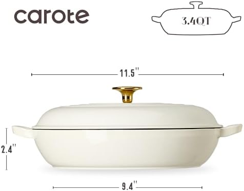 CAROTE 3.4QT Enamel Cast Iron Cookware, Skillet with Lid, White Dutch Oven