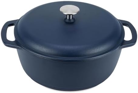 Amazon Basics Enameled Cast Iron Dutch Oven Pot with Lid, Round, Dual Handles, Heavy-Duty, Oven Safe for Stews, Roasting, Baking,6-Quart, Matte Navy