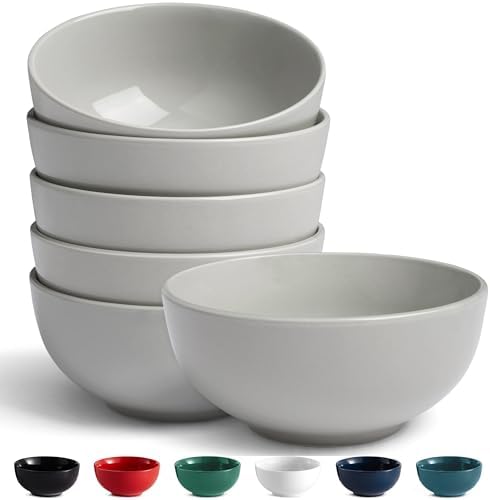 KooK Soup Bowls, Cereal Bowl, Ceramic, Bowls for Kitchen, Microwave, Dishwasher and Freezer Safe, Porcelain Dishes for Pasta, Salad, Oatmeal, Deep Interior, 20 oz, Set of 6, (Powder Grey)