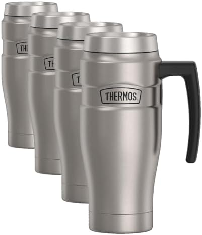 THERMOS Stainless King Vacuum-Insulated Travel Mug with Handle-16oz,Matte Steel-Thermos Tumbler for Hot&Cold Drinks-Leak-Proof&Sweat-Proof Stainless Steel Coffee Mug with Lid for Commuting,(Pack of 4)