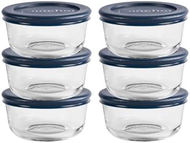 Anchor Hocking 1 Cup Glass Storage Containers with Lids, Set of 6 Glass Food Storage Containers with Navy Blue SnugFit Lids