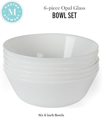 Martha Stewart Opalton 6-Piece 6-Inch Soup and Cereal Bowls – Lightweight, Chip and Break Resistant Opal Glass Bowls for Everyday Use