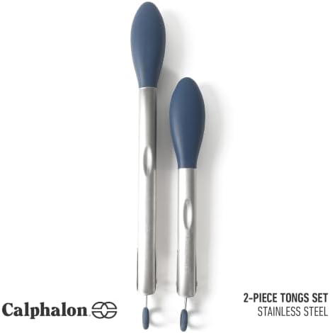 Calphalon Edge Tongs Set, 2-Piece Stainless Steel Kitchen Tongs Set with Silicone Heads, Includes 9-Inch & 12-Inch Heat-Resistant Locking Tongs for Cooking, Grilling & Serving