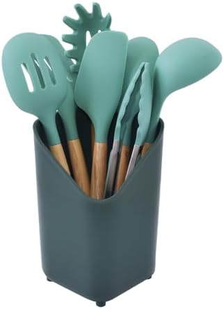Glad Silicone Kitchen Utensils Set, 8pcs - Nonstick Cooking Tools with Wooden Handles and Utensil Holder - Spatula Set with Turner, Ladle, Spoons, Tongs, and Spaghetti Server - Teal Green