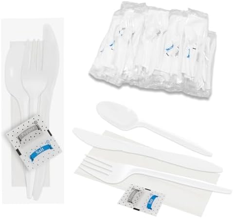 50 Pack Knife Fork Spoon Napkin Salt Pepper Sets, Individually Wrapped White Plastic Cutlery Packets for Delivery, Cafeterias, Restaurants