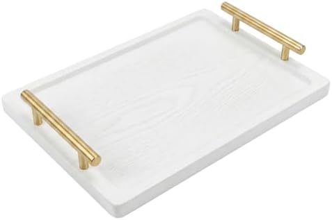 PEKER Wooden Serving Tray with Metal Handles, Black Decorative Coffee Table Tray for Breakfast in Bed, Ottoman & Home Décor, Wooden Food Tray for Kitchen (Bamboo White Large)