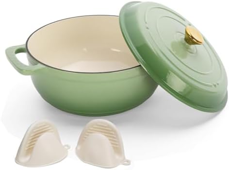 Bonnlo Round Dutch Oven, Enameled Cast Iron Dutch Oven Pot with Lid & Dual Handles, Oven Safe Up to 500° F, for Sourdough, Bread Baking, Stews and Roasting (Green, 5 Quart)