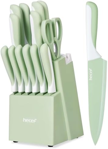 hecef 15 Pieces Green Kitchen Knife Set, Built-in Sharpening Wooden Block