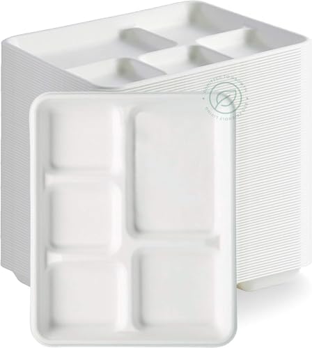 [Case - 500-Pack] 100% Compostable Paper Plates with 5 Compartments Disposable - School Lunch Tray Natural White - Heavy Duty Quality Disposable Tray - 100% Biodegradable Made of Sugar Cane [8" x 10"]