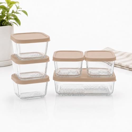 Glass Food Storage Containers with Lids - 12 Piece - 3 x 10.5 oz, 1 x 26.5 oz & 2 x 40.57 oz Glass with BPA-Free Leak Resistant Stackable Lids - Microwave, Oven & Dishwasher Safe - Cashew Cream