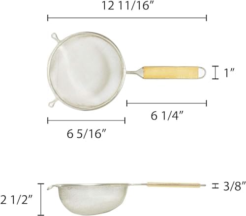 TrueCraftware- 6-Inch Single Fine Tin Mesh Strainer 6-3/4" Handle Length Wooden Handle- Kitchen Utensil Food Strainer Skimmer Spoon for Cooking Sieve Sifters Rice Quinoa Pasta Fruits Vegetable