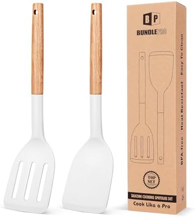 BUNDLEPRO Silicone Spatula, Solid & Slotted Turner, BPA-Free, 2 Pack, White