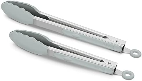 2 Pack Silicone Kitchen Tongs, 9 & 12 Inch, Stainless Steel, Warm Grey