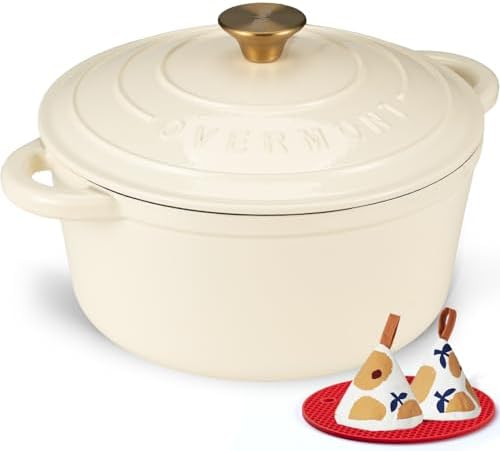 Overmont Enameled Cast Iron Dutch Oven - 4.5QT Pot with Lid Cookbook & Cotton Potholders - Heavy-Duty Cookware for Braising, Stews, Roasting, Sourdough Baking Cream White