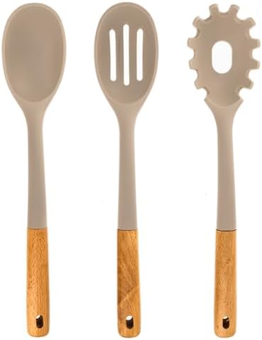 Beille 3pc Beech Wood and Silicone Cooking Spoon Set Kitchen Utensils Baking Supplies Home Essentials, Light Grey