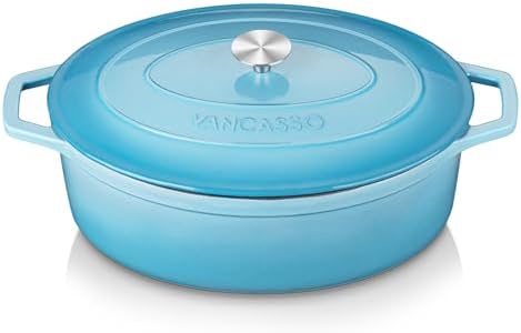vancasso 9.3 Qt Oval Enameled Cast Iron Dutch Oven with Lid, Light Blue