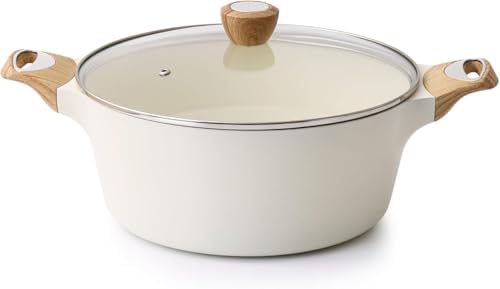 SENSARTE Ceramic Stock Pot Nonstick 4.5 Quart Soup Pot Casserole Pot with Lid Healthy Pasta Pot Cooking Pot Sauce Pot with Woodgrain Bakelite Handle, All Stove Compatible, White