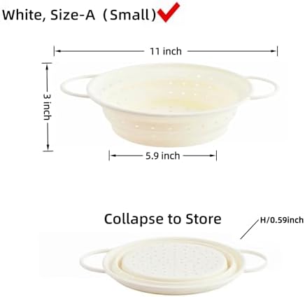Collapsible Silicone Colander with Handles, Round Strainer with Stainless Steel Rim, Space Saving Kitchen Tool for Fruits & Vegetables,BPA-Free,Heat-Resistant Pasta Drainer (White, S)