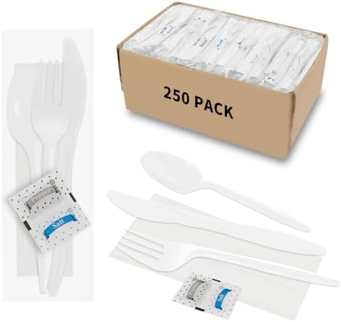 250Pack Plastic Cutlery Packets, Knife Fork Spoon Napkin Salt Pepper Sets, Individually Wrapped White Plastic Cutlery Packets for Delivery, Cafeterias, Restaurants