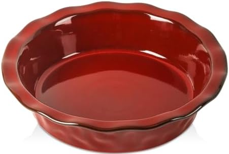 vicrays Ceramic Pie Pan for Baking - 9 inch Pie Plate, Round, Fluted and Deep Pie Dish for Tart, Pizza, Apple Pie, Quiche, Pot Pies, Cake - Reactive Glaze (Cherry Red)