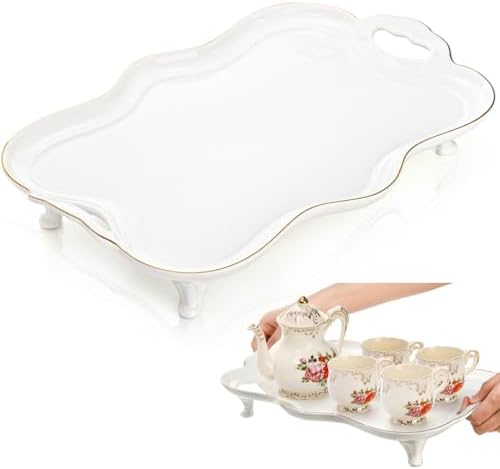 Tlence 16" Large Ceramic Serving Tray with Handles, Footed Rectangular Coffee Table Tray with Gold Rim, Vintage Decorative Platter for Tea, Perfume and Ottoman, Living Room Decor