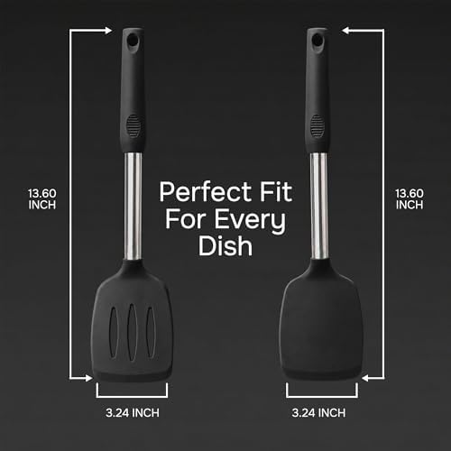 Silicone Spatula Set (2-Pc) - 600°F Heat Resistant, BPA-Free, Non-Scratch, Dishwasher Safe I Slotted & Solid Kitchen Spatula Turner I Ideal for Eggs, Pancakes, Fish I Stainless Steel I Black