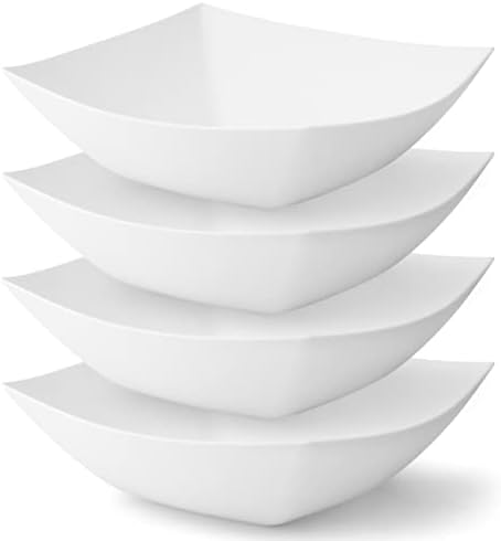 4 Pack Disposable White Plastic Party Bowls, Square Serving Bowls 32oz