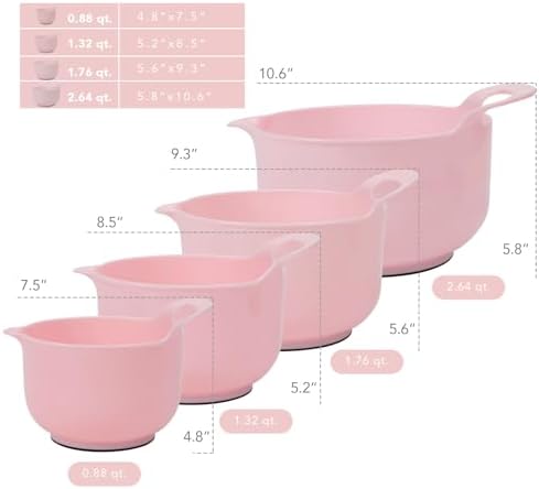 BoxedHome 4 Pack Nesting Mixing Bowl with Pour Spout and Handle, BPA free Microwave & Dishwasher Safe(Pink, 4 Pack with Handle)