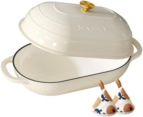 Enameled Cast Iron Bread Oven, 5QT Cast Iron Dutch Oven for Homemade Sourdough Bread Baking, Oval Bread Pot with Dome Lid & Cotton Potholders, Cream White