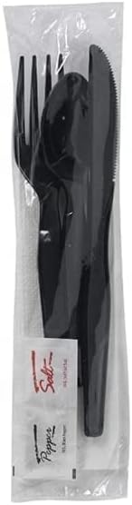 450 Plastic Cutlery Packets - Knife Fork Spoon Napkin Salt Pepper Sets | Black Plastic Silverware Sets Individually Wrapped Cutlery Kits, Bulk Utensil Cutlery Set Disposable To Go Silverware