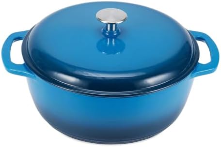 Amazon Basics Enameled Cast Iron Dutch Oven Pot with Lid, Round, Dual Handles, Heavy-Duty, Oven Safe for Stews, Roasting, Baking, 6-Quart, Blue